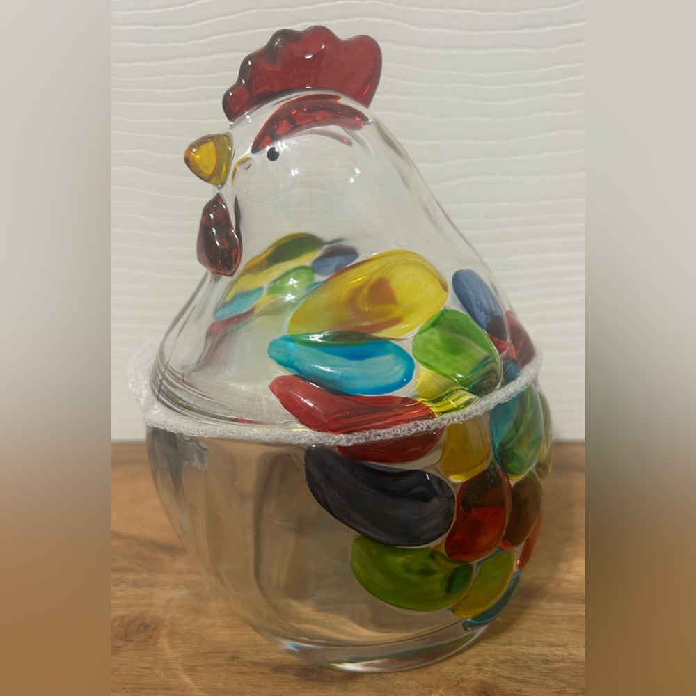 Gourmet Kitchen Rooster Chicken Glass Jar Clear Multi Color With Lid 15.9oz. NEW